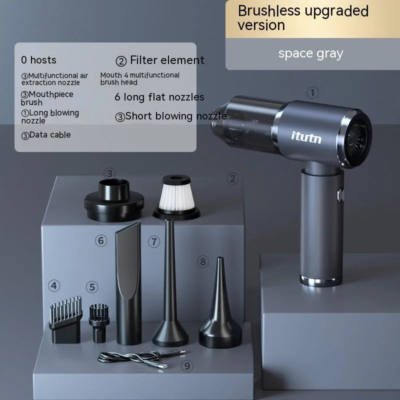 Handheld car vacuum cleaner in space-like grey colour with brushless motor and blowing/suction functions