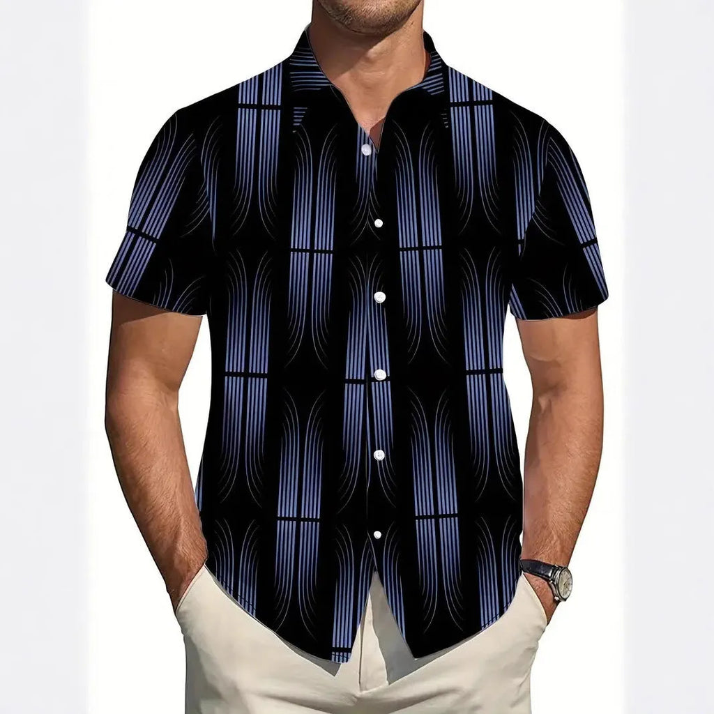 Men's slim fit geometric print lapel shirt in polyester for summer.
