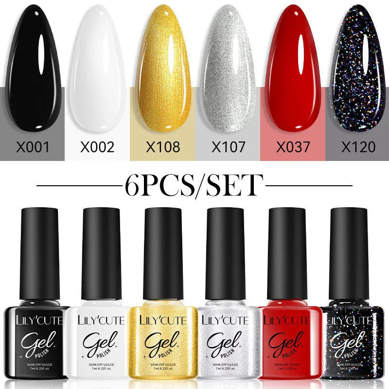 UV gel nail polish set showing bottles in multiple solid and glitter colours.