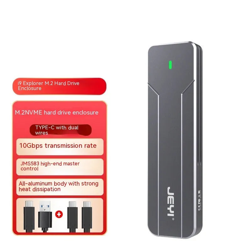 Dark grey aluminium external hard drive enclosure for M.2 SATA and NVMe SSDs with connecting cables.