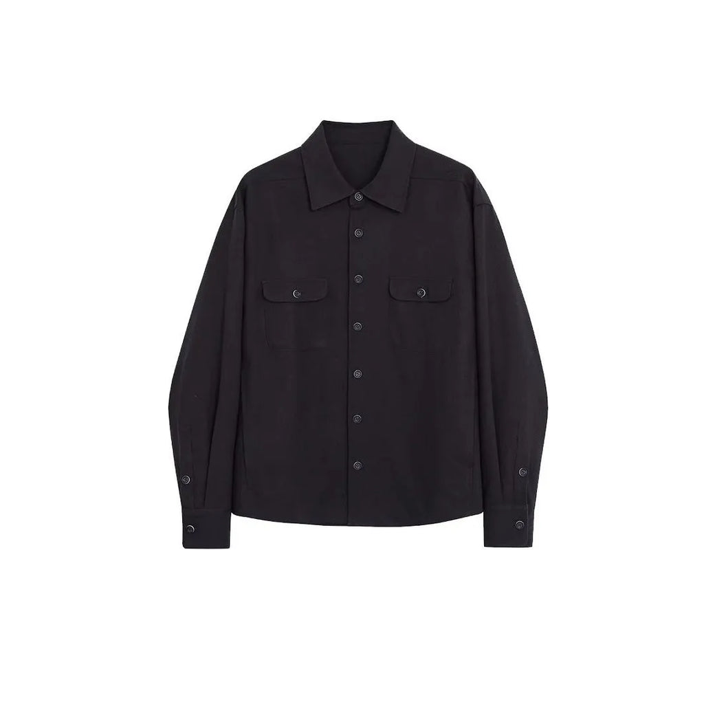 Men's light sand rice coloured shirt with a lapel collar and long sleeves.