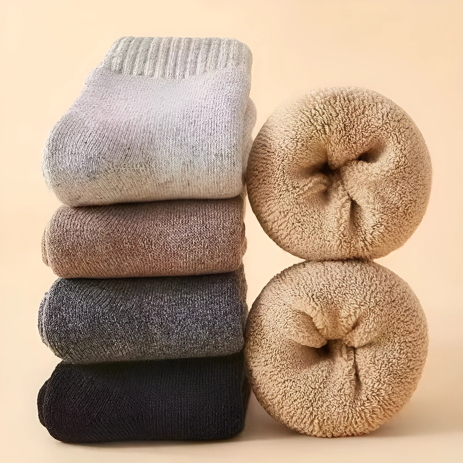 Set of four pairs of solid-colour merino wool socks with reinforced heel and toe on a wooden surface.