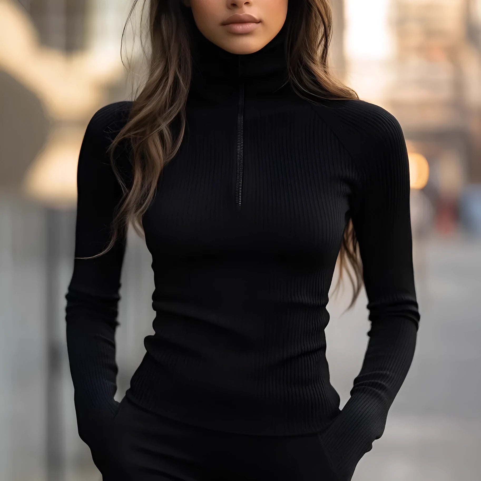 Slim-fit stretch knitted zipper collar top in black, shown on a model, solid polyester fabric, pullover style.