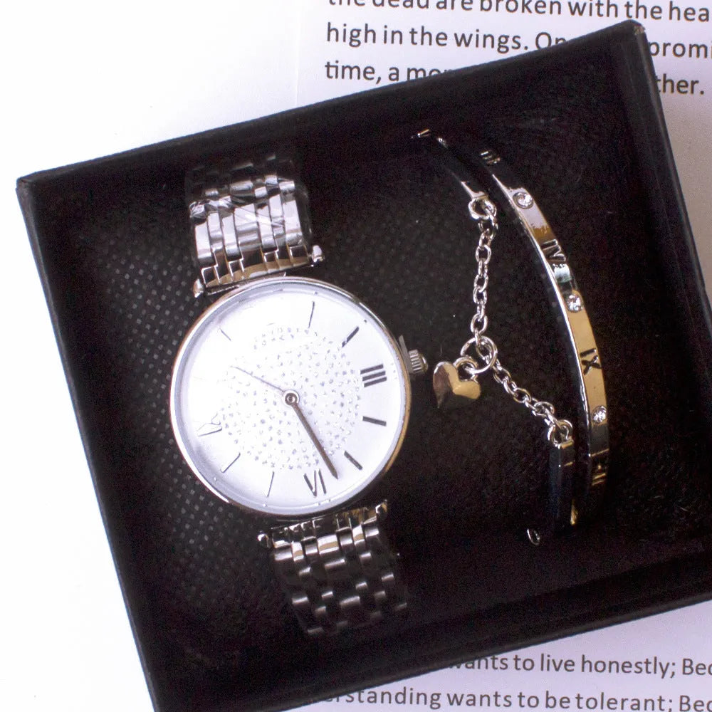 Ladies watch and bracelet set in silver with gypsophila style design