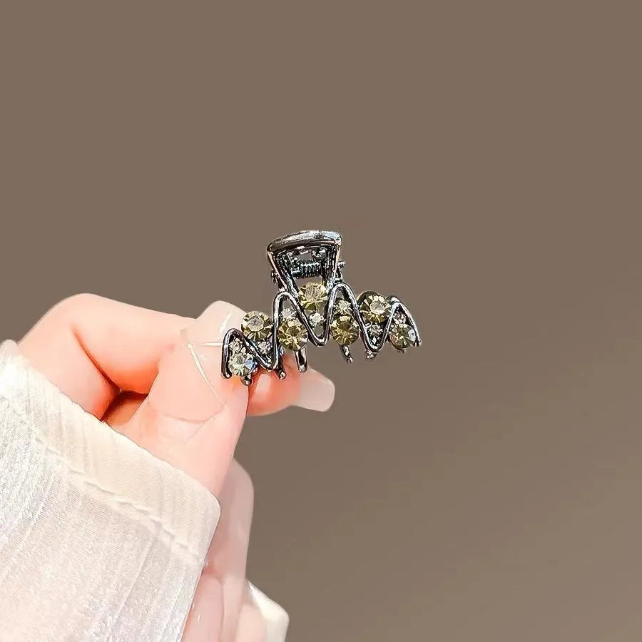 Small metal hair side clip with rhinestone chamfered square pattern Korean style electroplated finish