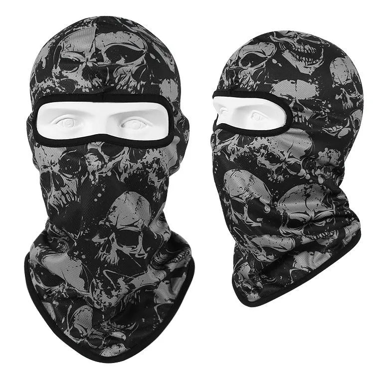 Breathable Bakool silk skull mask for motorcycles in a graphic print design