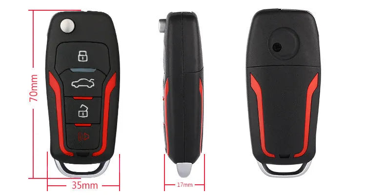 Red and black one-way remote control car alarm unit with two remotes for vehicle security.