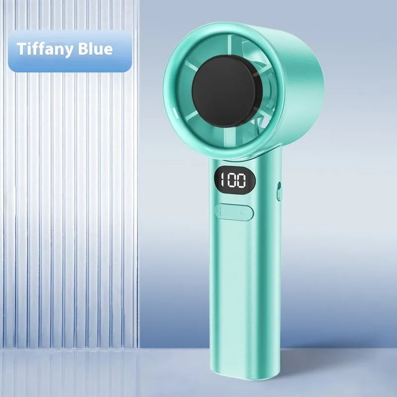 Handheld fan with variable speed control, shown in one of four colour options: green, khaki, silver, or white.