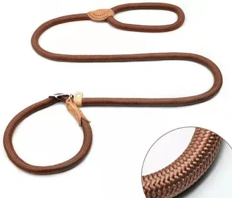 Brown nylon P-chain dog leash with hand holding rope measuring 2.1 metres long