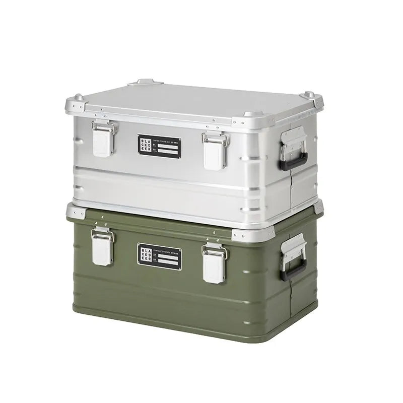 Field green aluminium alloy camping storage box with dimensions 58x38x28cm for outdoor equipment organisation