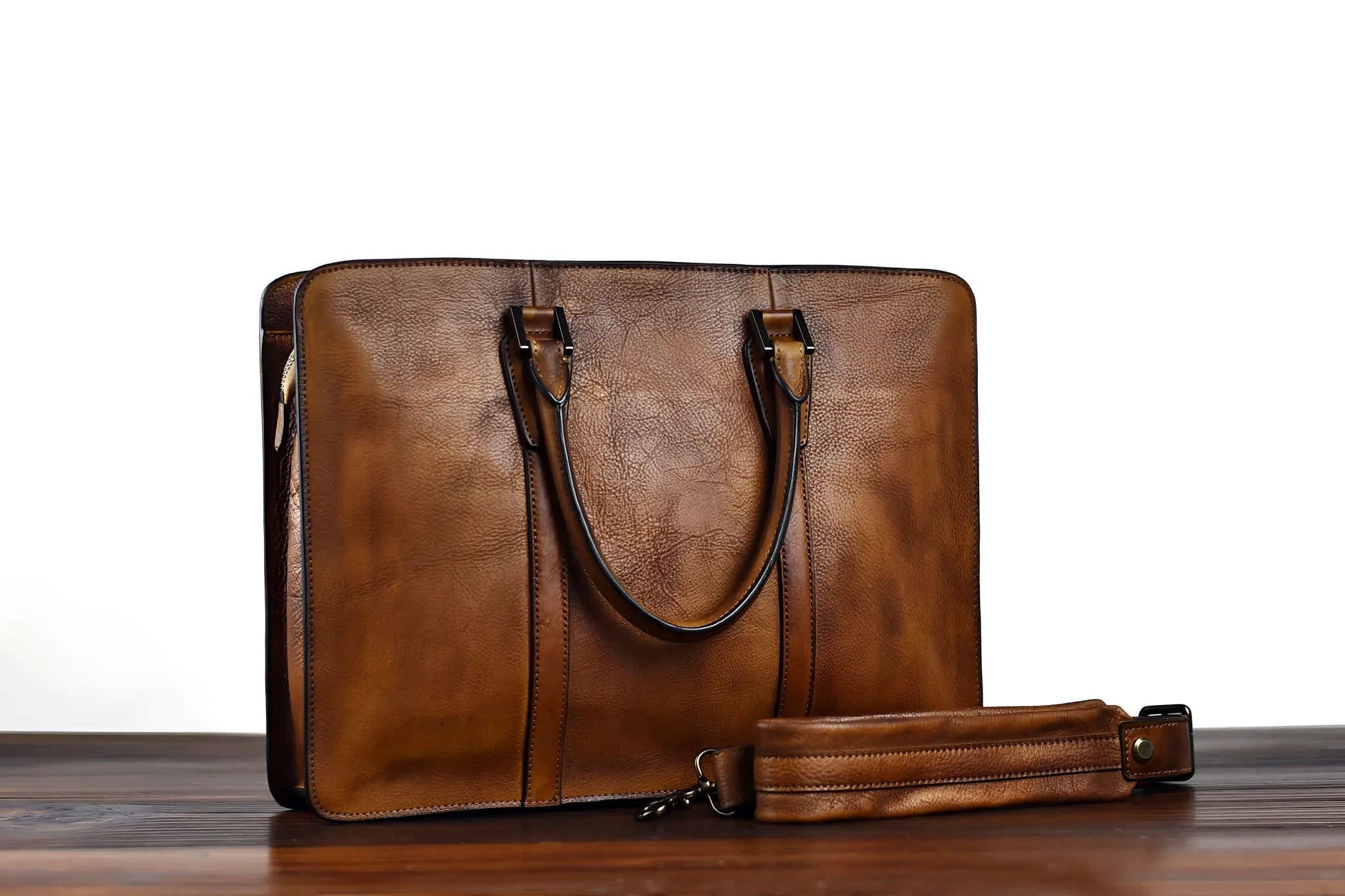 Men's brown leather business handbag with horizontal square design and zipper opening