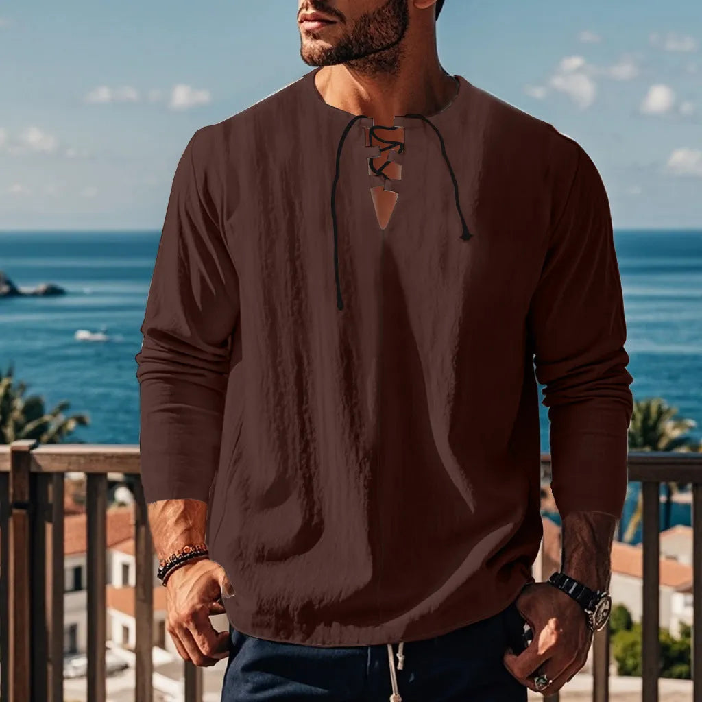 Men's solid colour cotton linen beach shirt in a loose pullover style.
