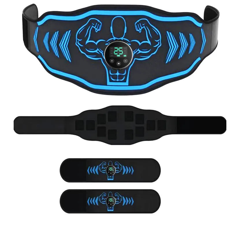Blue and orange rechargeable EMS fitness massage belts with host units and arm stickers.