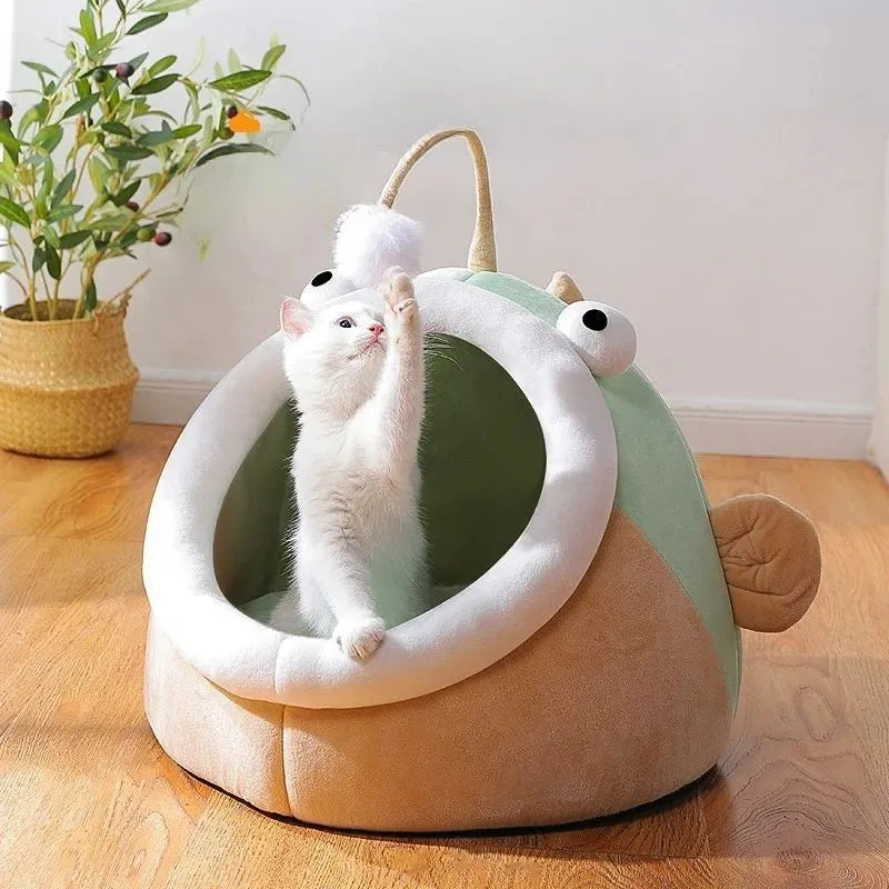 Grey deerskin velvet semi-closed cat house showing interior space and three size options
