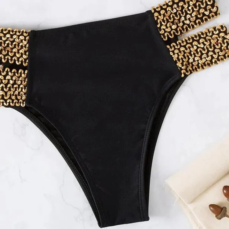 Hollow beach bikini split swimsuit in black with chest pad nylon fabric women two piece