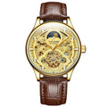 Men's gold and white leather strap automatic waterproof mechanical watch.
