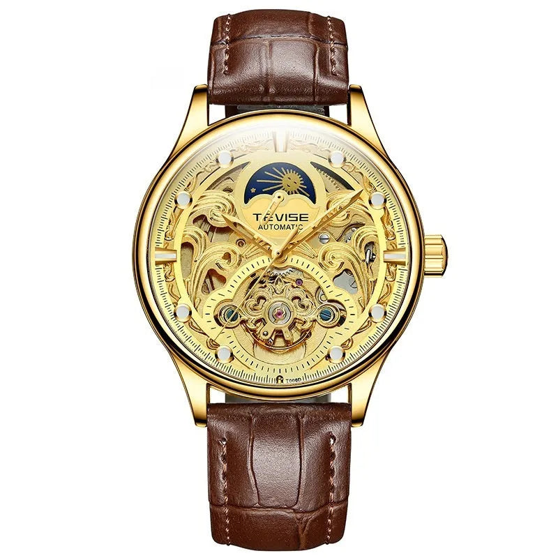 Men's gold and white leather strap automatic waterproof mechanical watch.
