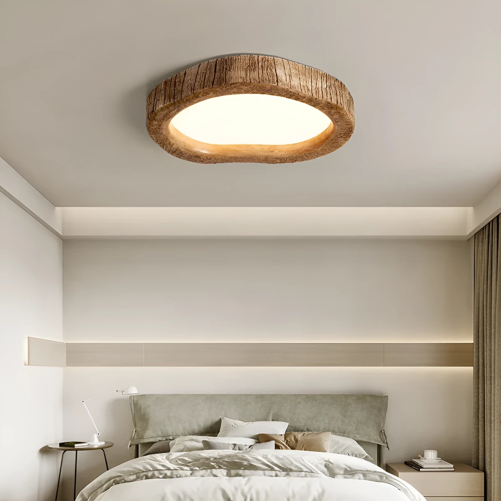 Round wood grain finish ceiling lamp in a new Chinese style for bedrooms.