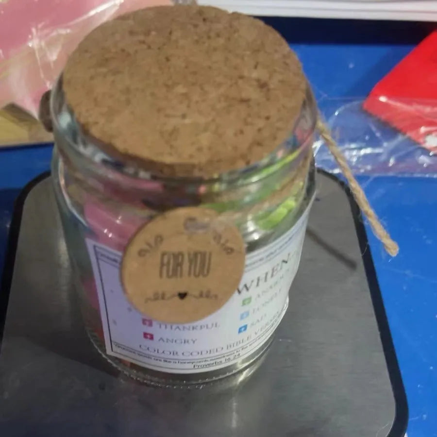 Glass Bible Verses In A Jar with cartoon decoration showing colourful verse strips inside
