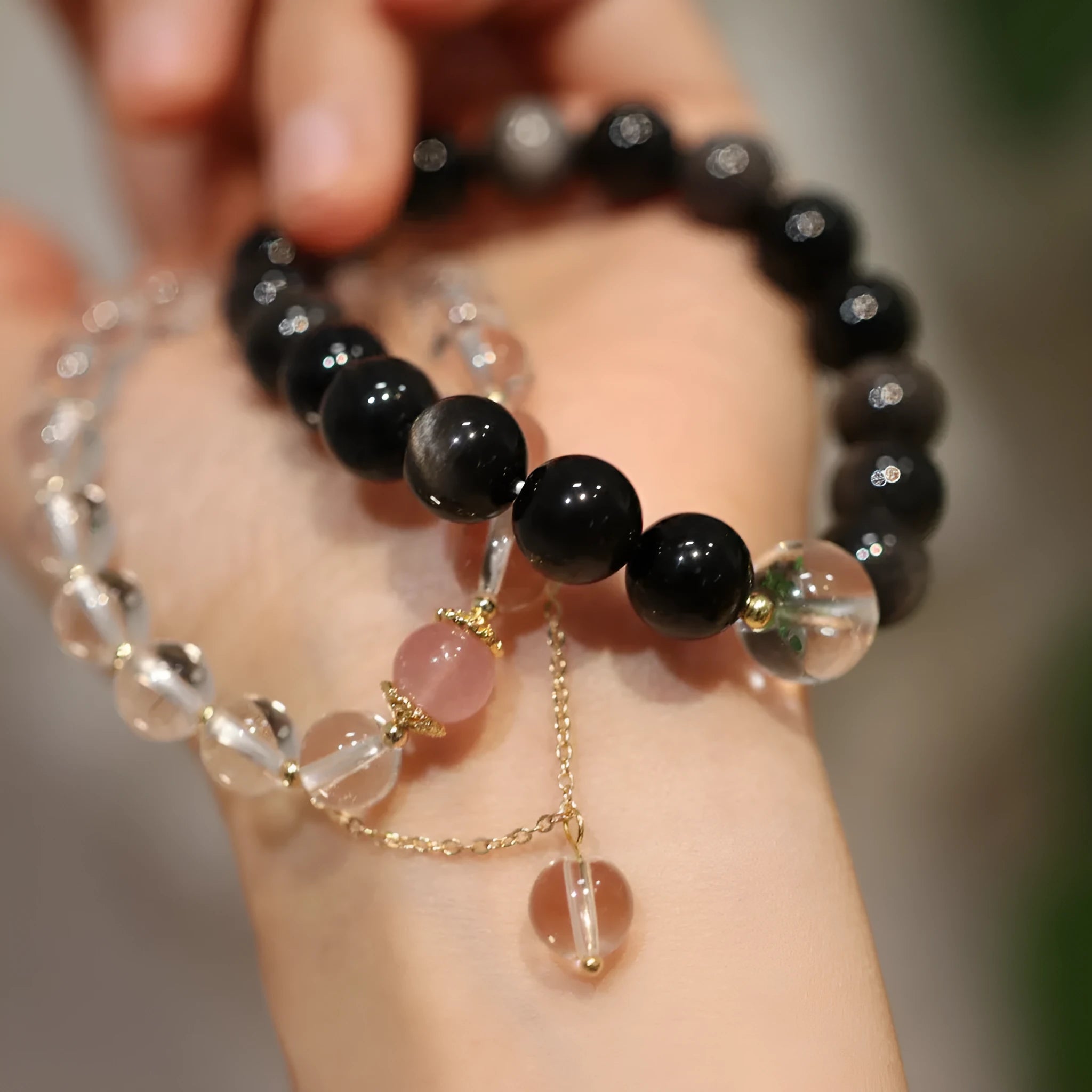 Chinese style geometric crystal bracelet with white crystal and cat eye obsidian stones
