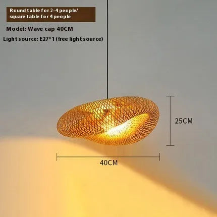 Natural woven bamboo straw hat-shaped pendant ceiling lamp with open weave, shown suspended.