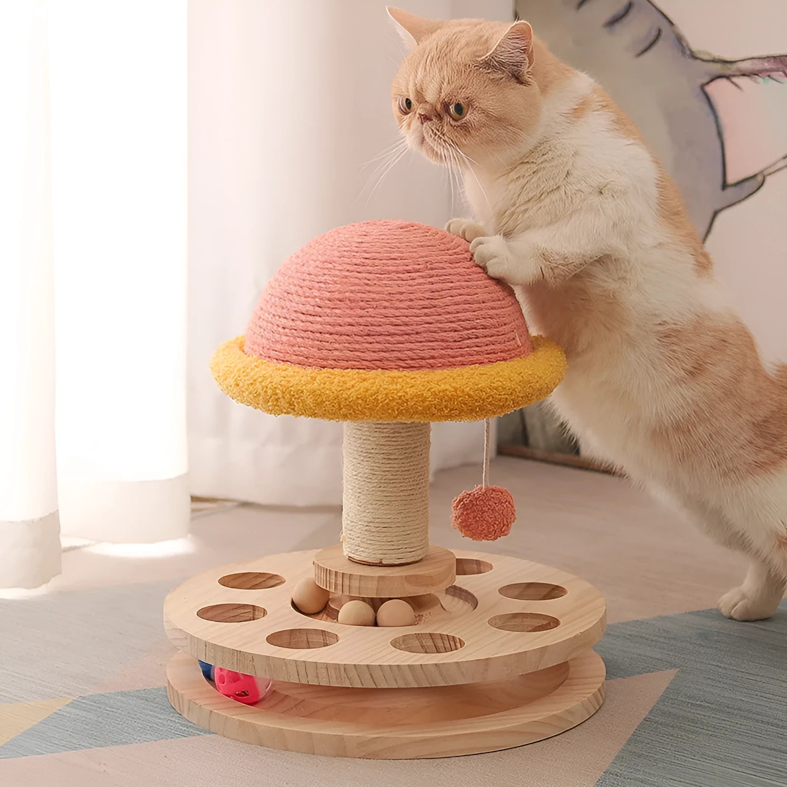 Solid wood turntable cat toy with sisal grinding claw and pillars in Hot Wheels colour