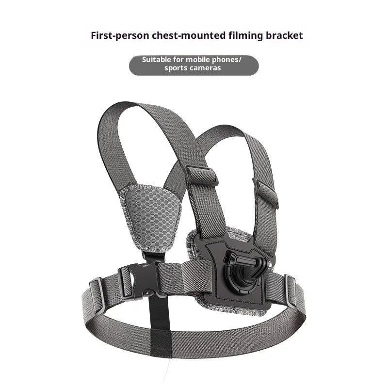 Chest mount for dual-camera action camera setup with adjustable strap, phone clip, and anti-shake rope
