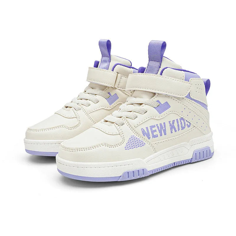 Children's street outdoor sneakers with buckle fastening and letter pattern in beige green, blue, white powder, and white & purple colours