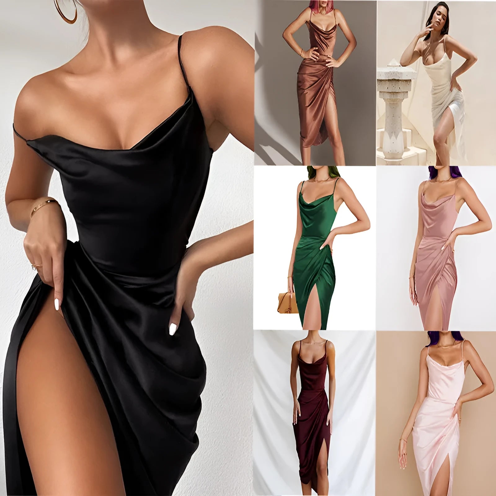 A women's solid-colour satin midi skirt with a high waist, side slit, and sleeveless design.