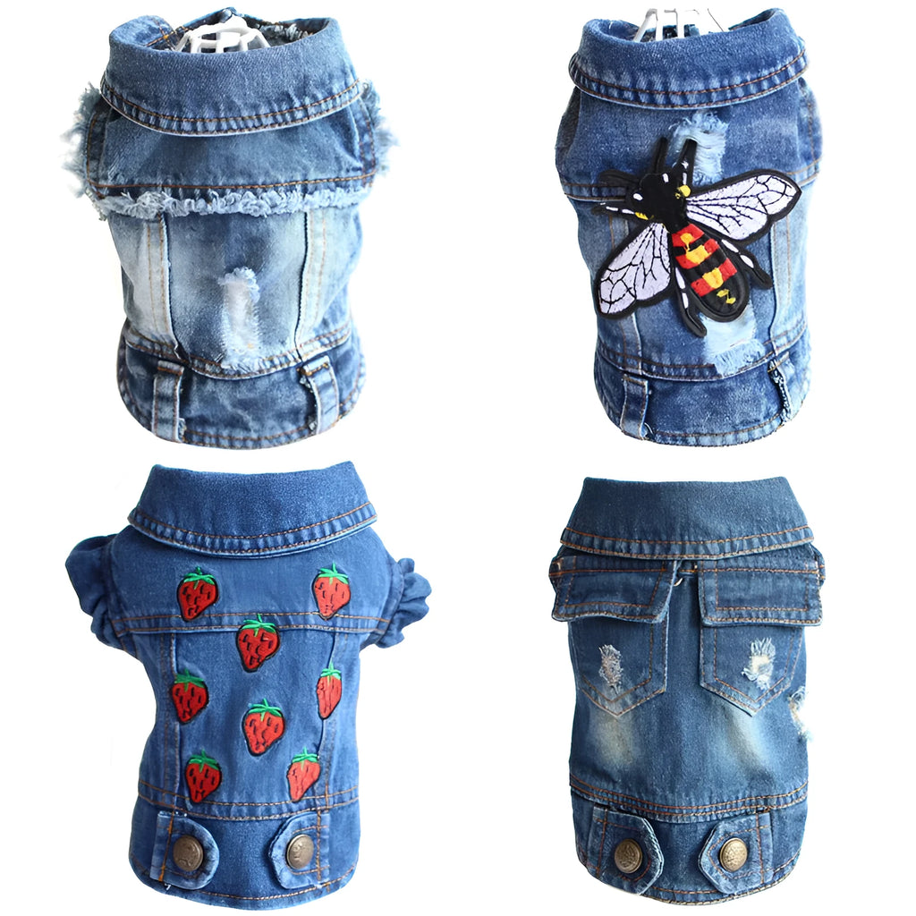 Small dog denim jacket vest in blue with cowboy hood and fringe, sizes XS to 2XL, machine-washable pet clothing