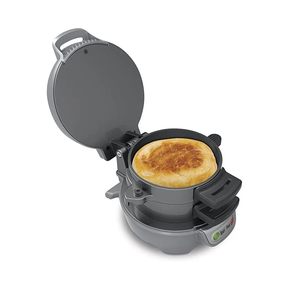 Household breakfast machine sandwich maker with egg cooker ring, 750W, in silver gray on a kitchen counter