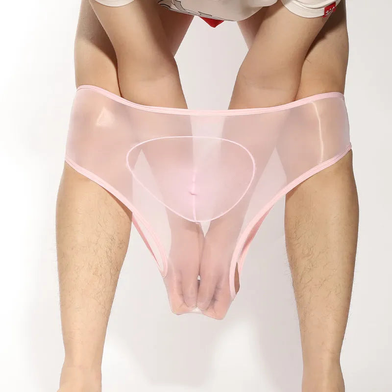 Shiny transparent men's nylon briefs in multiple colours showing bullet separation design.