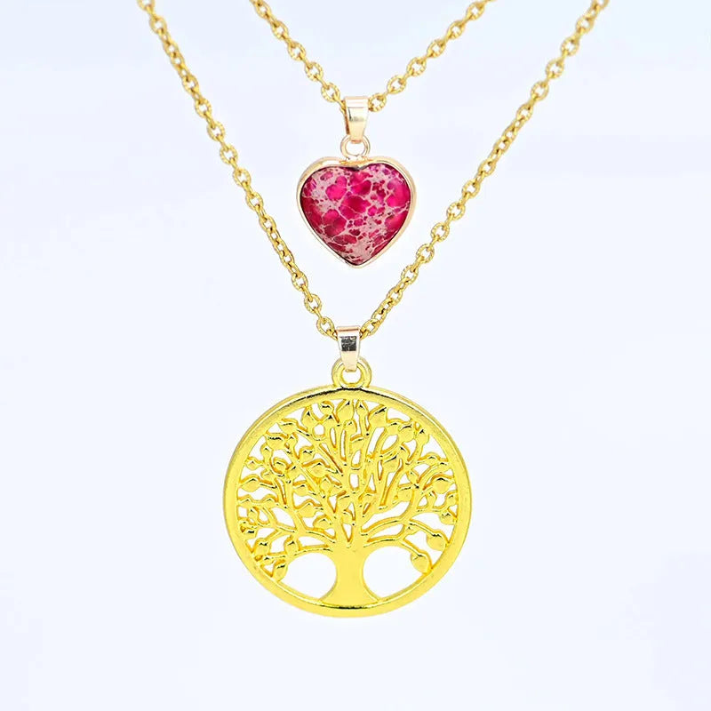 2-layer red heart emperor stone life tree pendant necklace for women