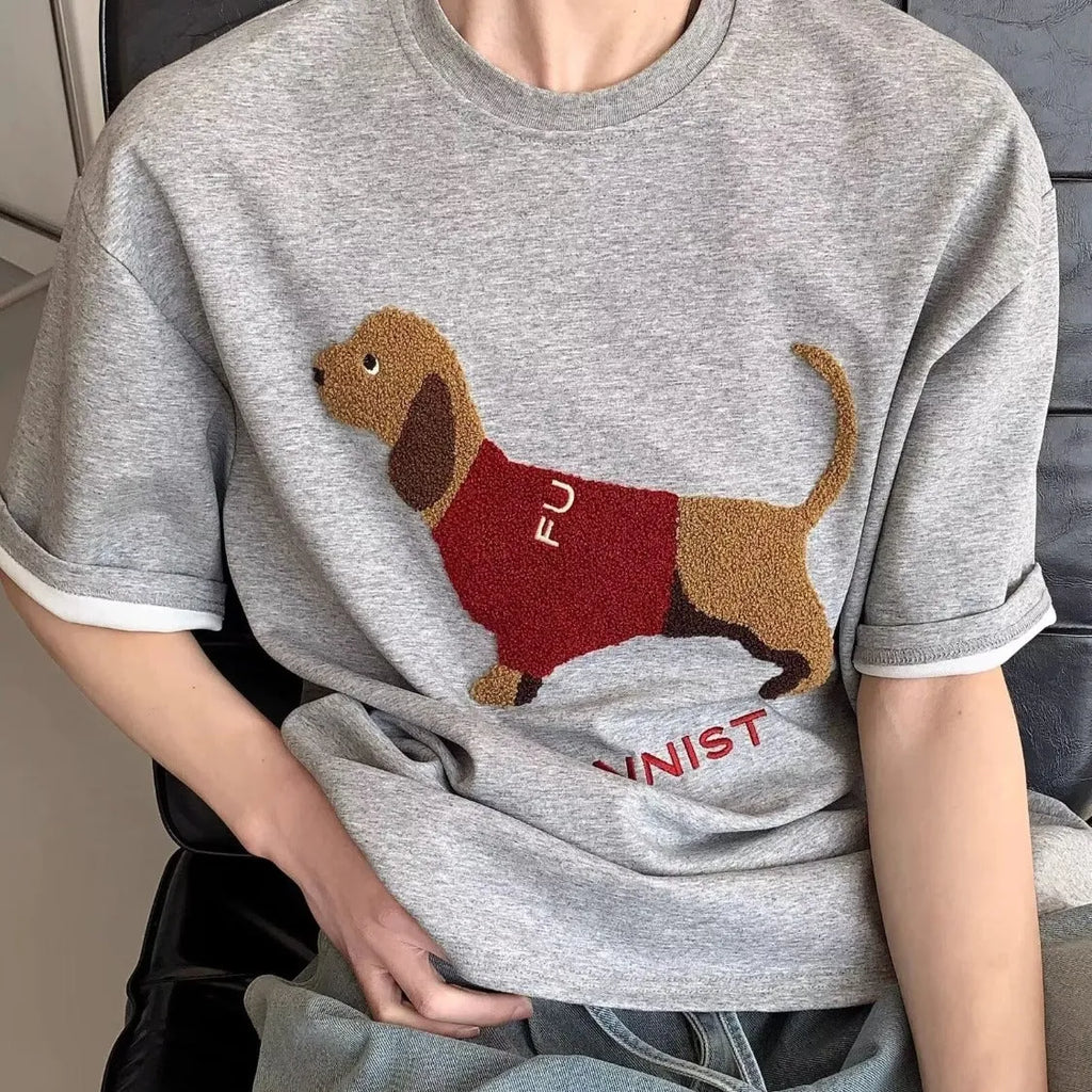 Men's grey cotton t-shirt with embroidered sausage dog design on chest, short sleeves, round neck