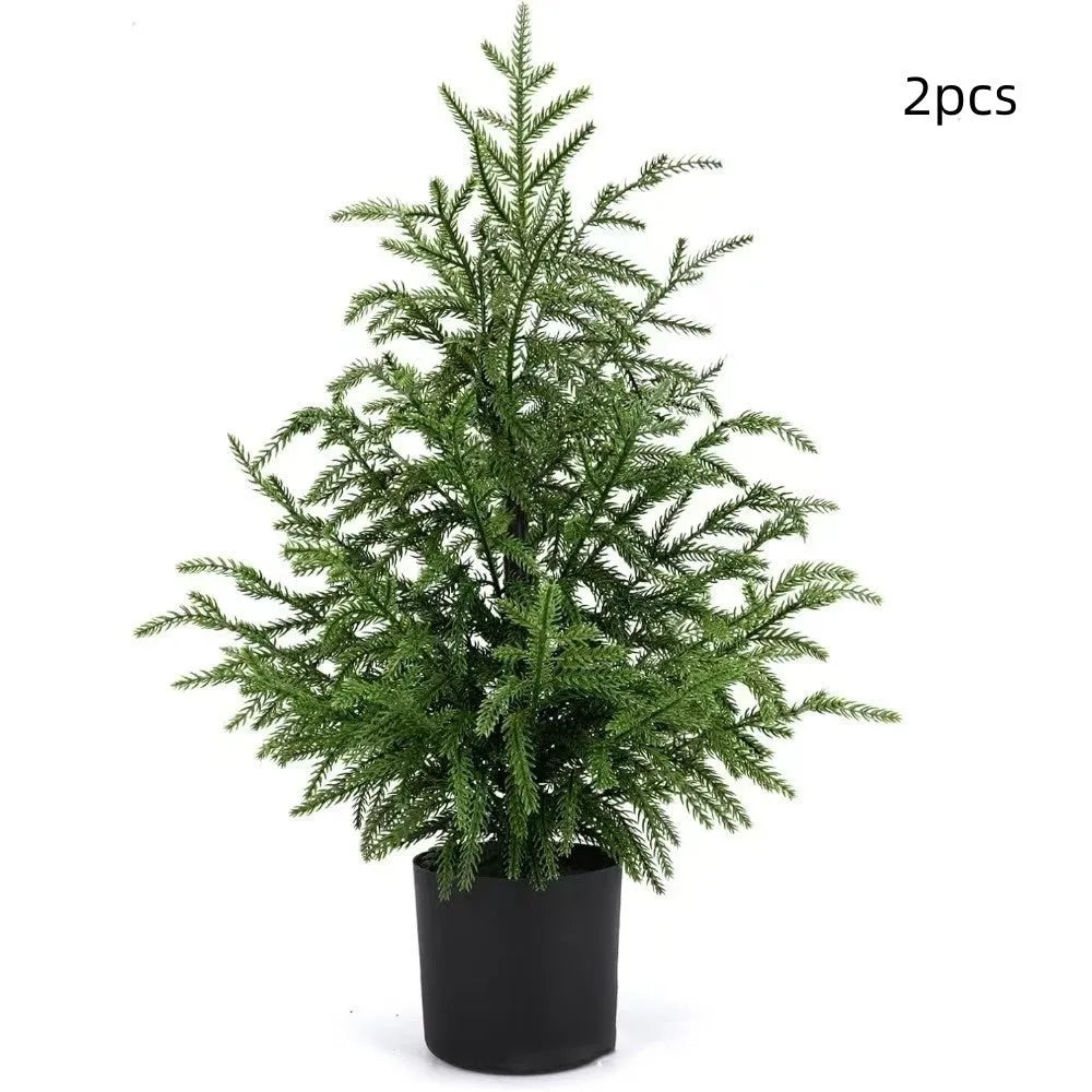 60cm Norfolk Pine Christmas tree with moving fork branches and black flowerpot on a front door step