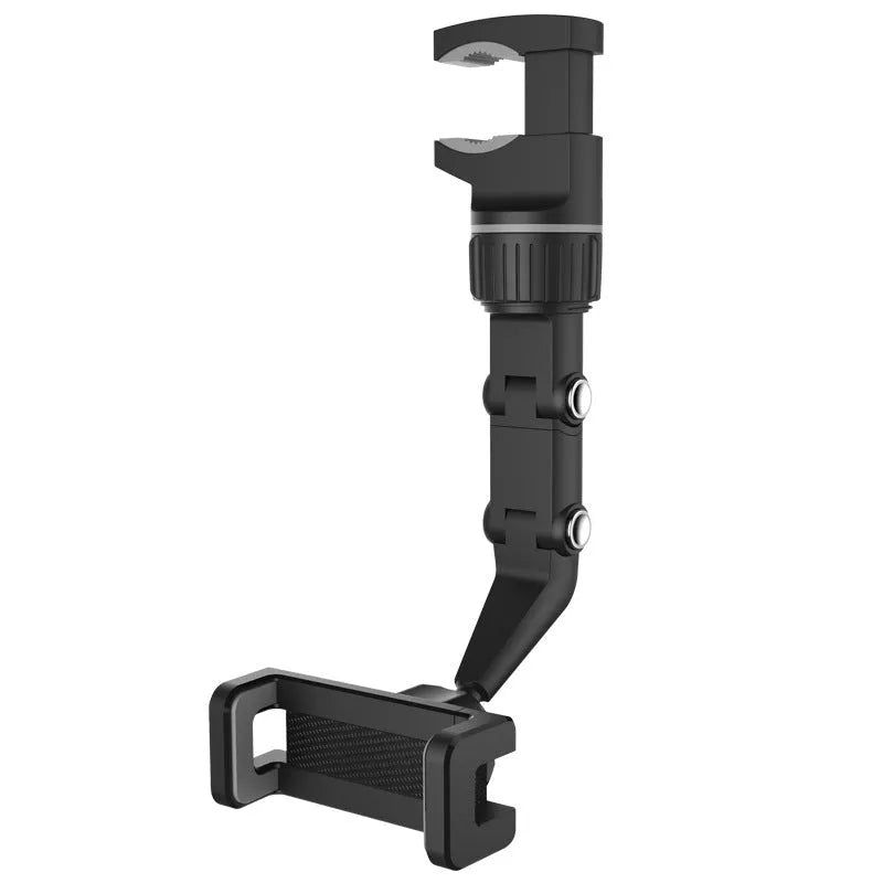 Green multifunctional car holder mounted on rear view mirror holding a smartphone