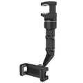 Green multifunctional car holder mounted on rear view mirror holding a smartphone
