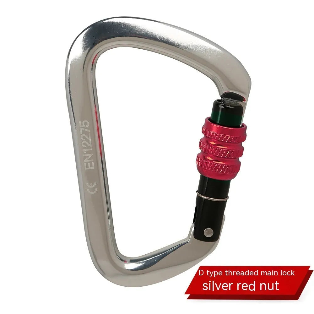 D-type rock climbing safety lock with automatic or threaded gate mechanism in various colours