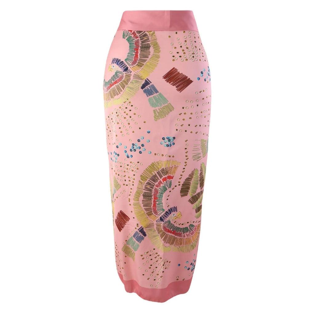Blue and pink French retro one-piece swimsuit sets with matching gauze skirts for beach and pool.