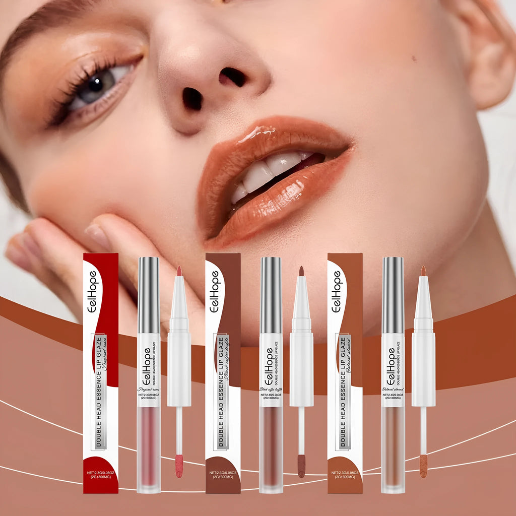 Dual-ended lip liner and lacquer pen showing two applicator tips and three colour shade options.
