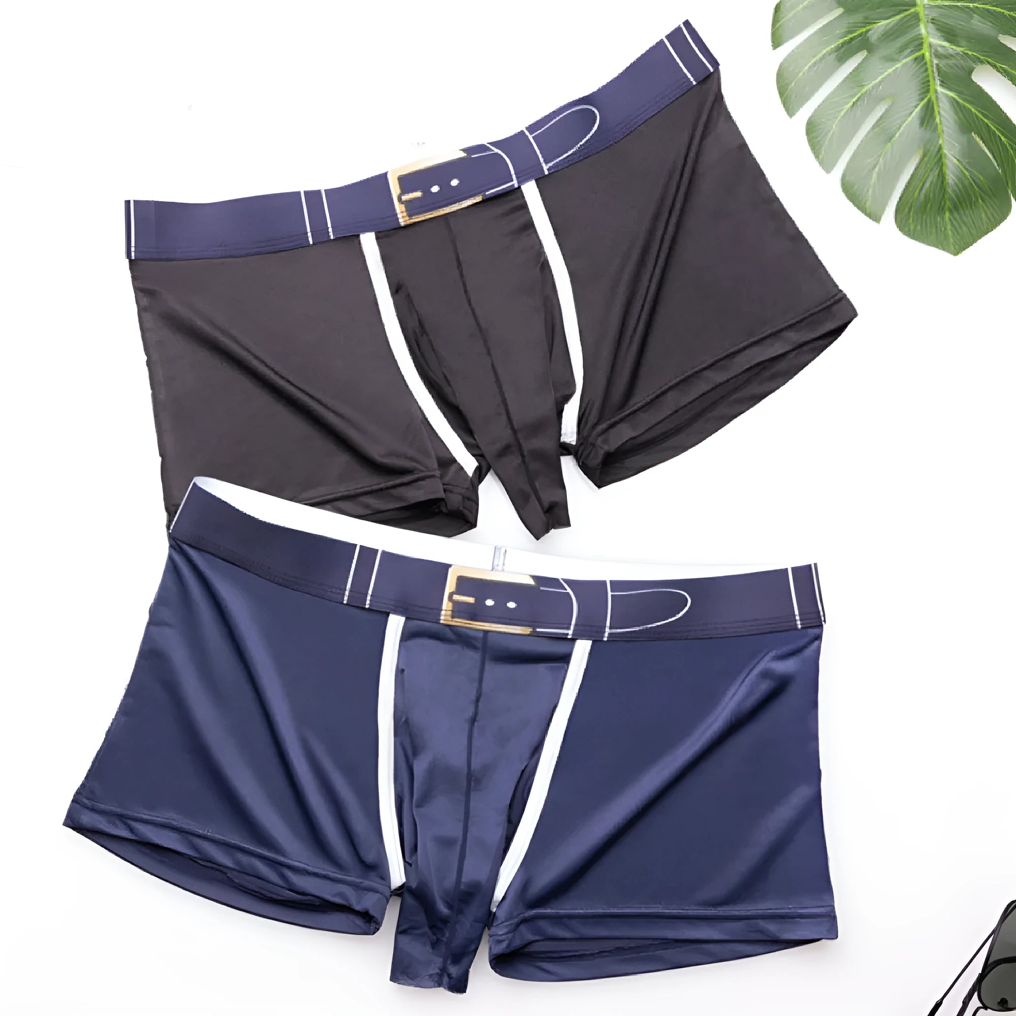 Pair of solid colour men's boxer shorts in Ice Silk fabric showing mid waist design.