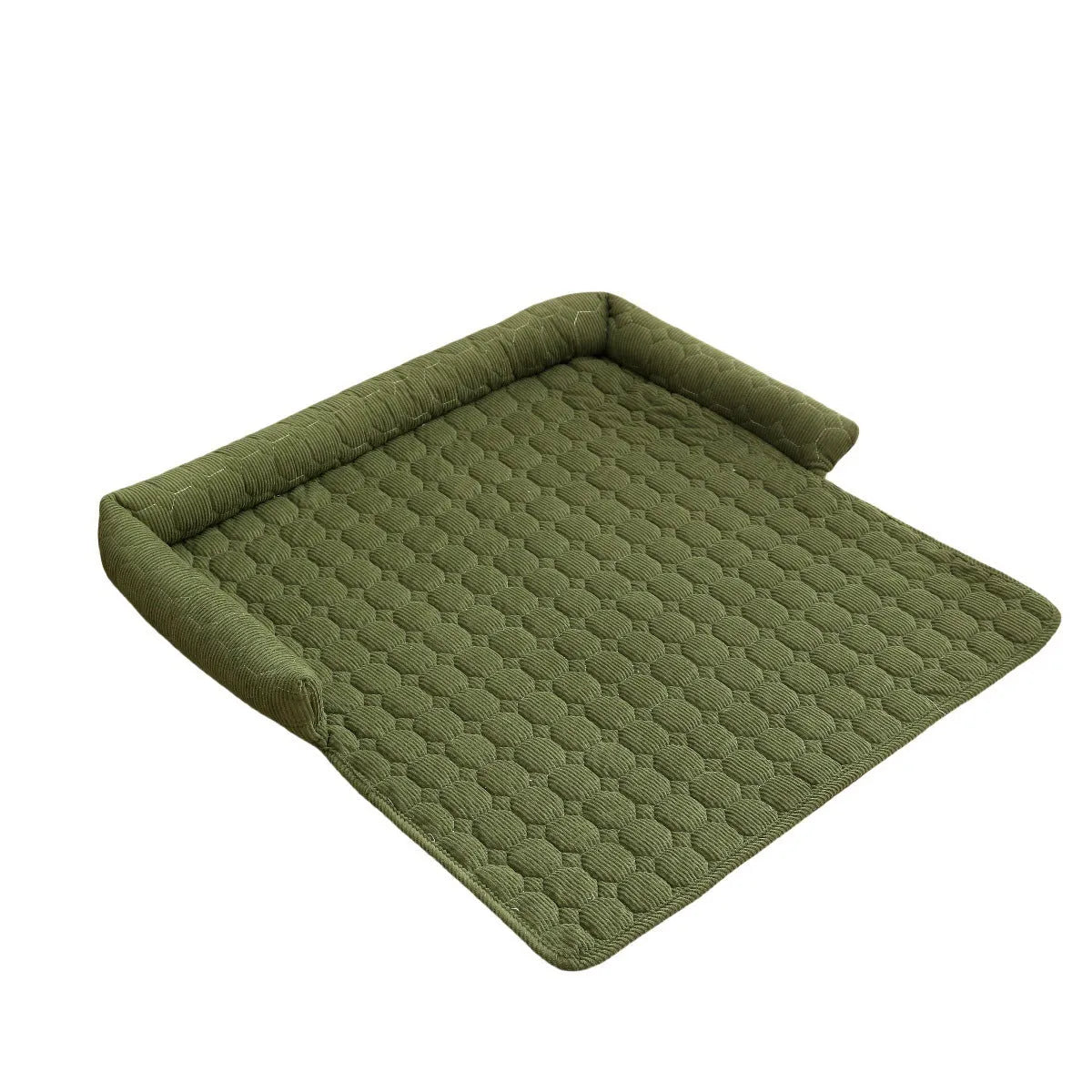 Thick corduroy pet bed mat with neck pillow in beige, 75x75cm, on a floor