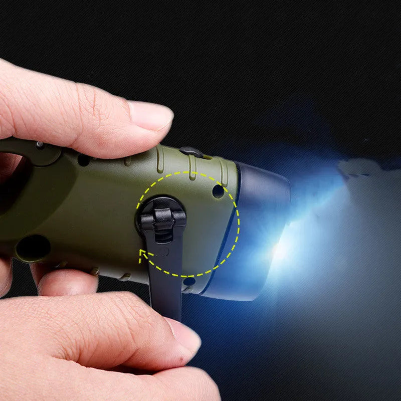 Hand-crank and solar-powered olive green LED emergency flashlight with USB charging port