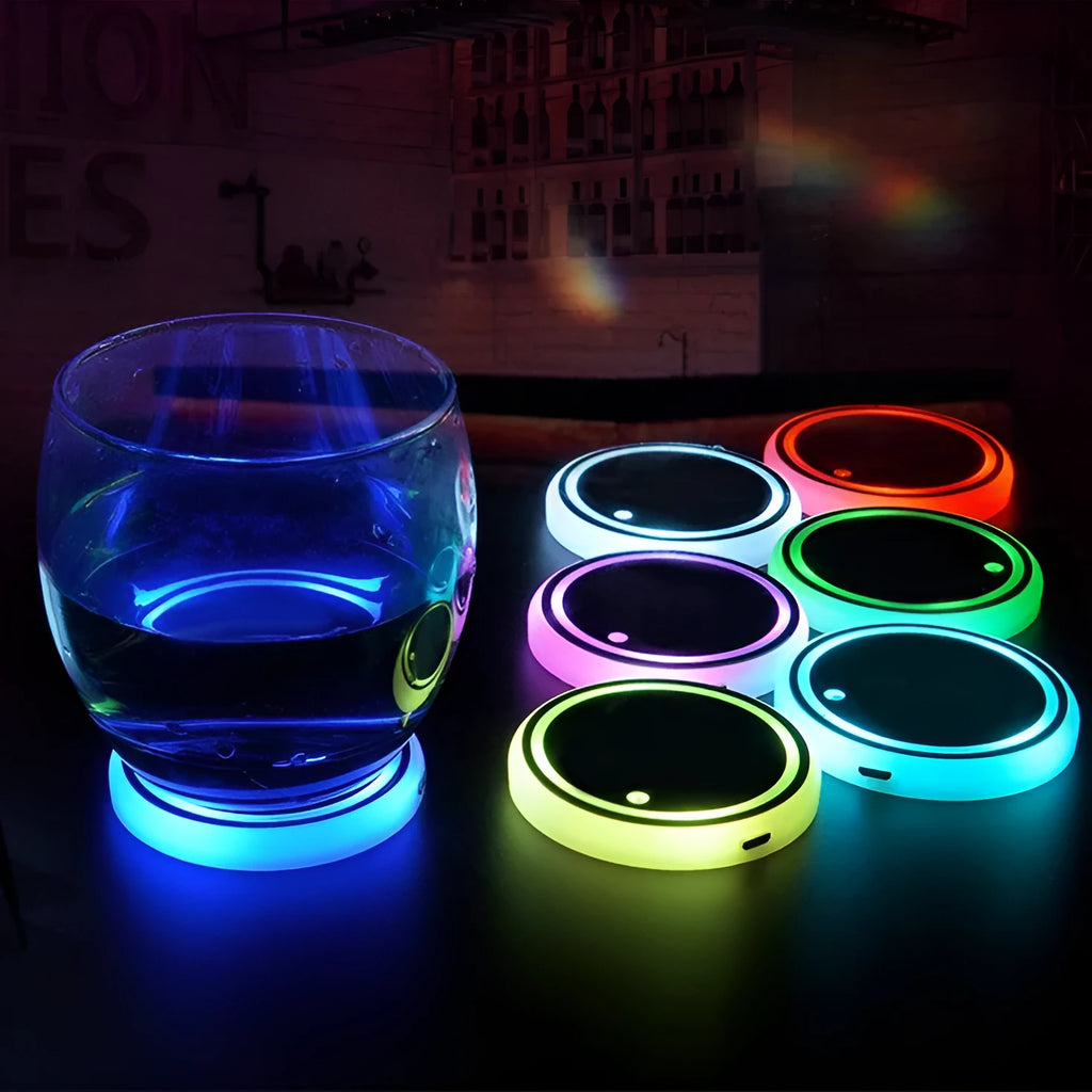 Colourful LED light-up coaster for car cup holder with USB cable and solar panel