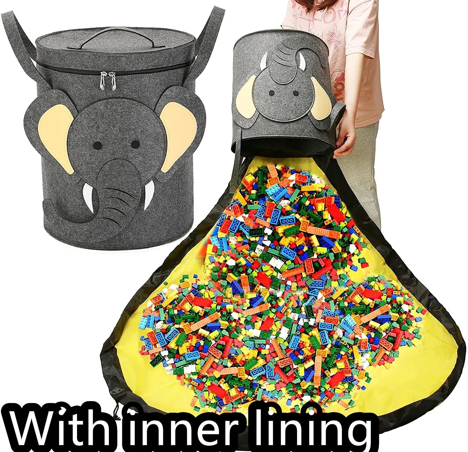 Green felt cube storage bag with pull rope, shown both as a flat play mat and gathered toy bag