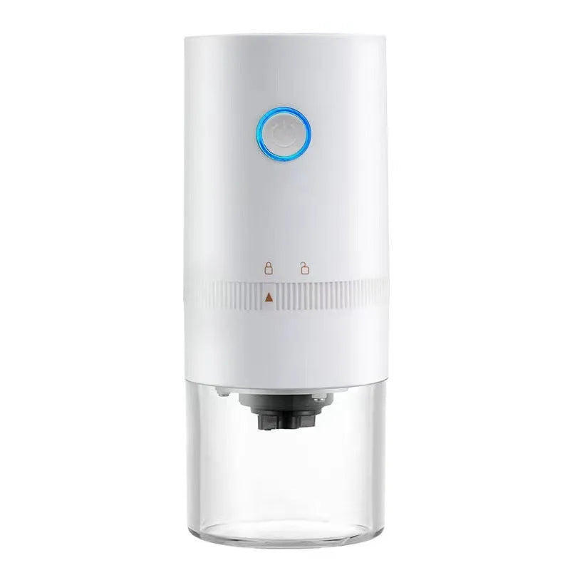 Black and white portable electric coffee grinder with USB-C cable on a kitchen counter