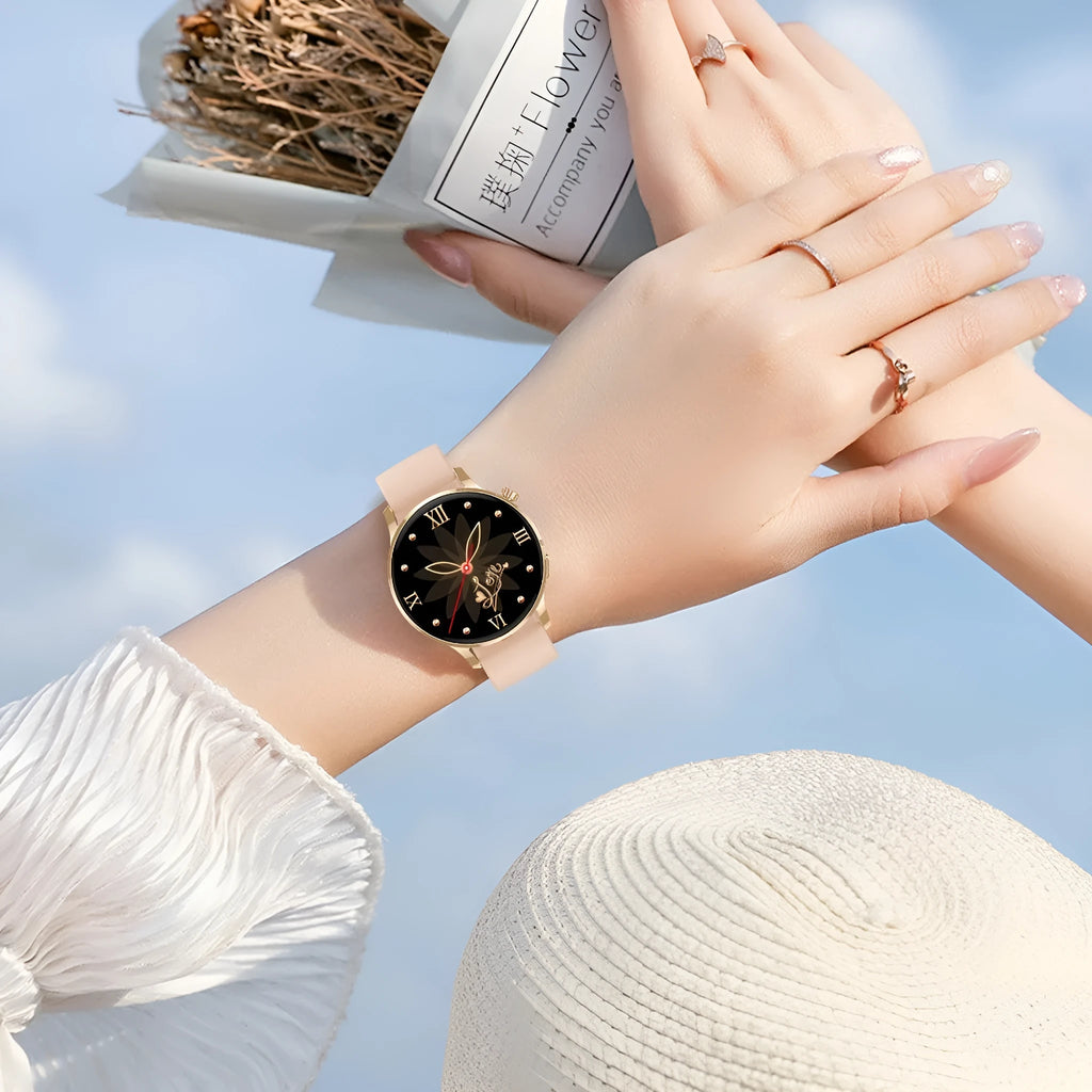 Smart watch with TFT screen, touch button, heart rate monitor, Bluetooth calling, and NFC in rose gold or silver