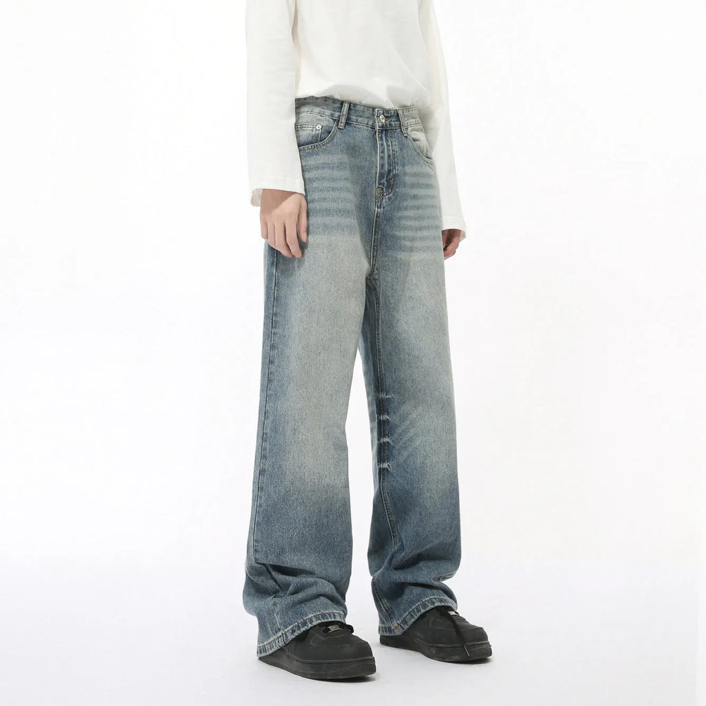 Men's loose straight washed cotton jeans in black gray, front view