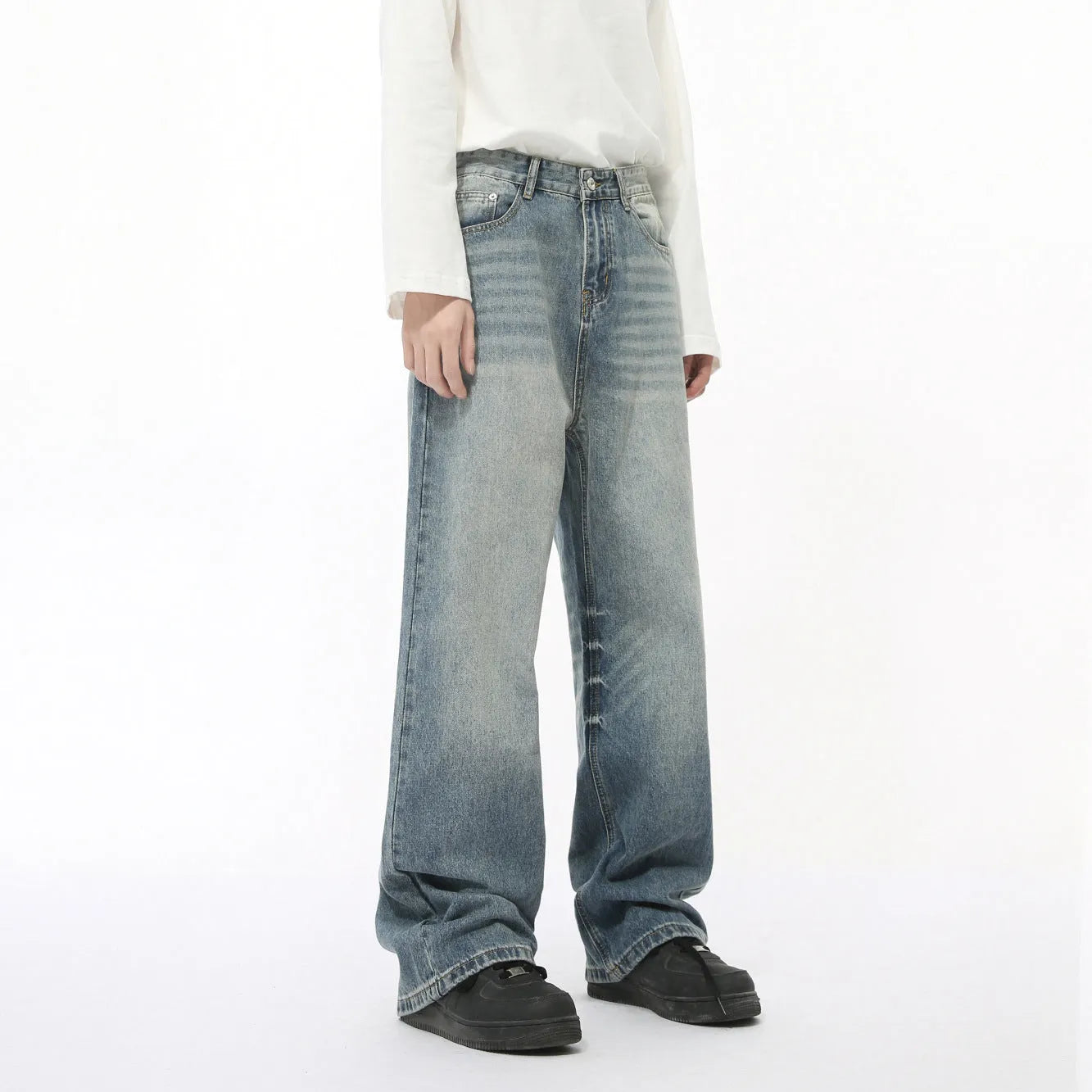 Men's loose straight washed cotton jeans in black gray, front view
