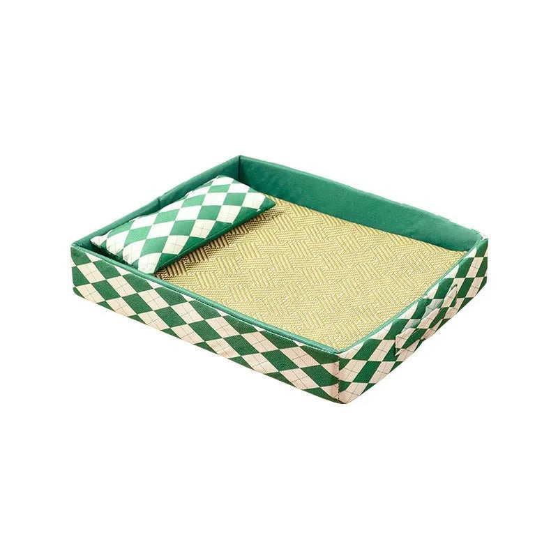 Blue rattan cat bed mat showing woven texture and rectangular shape